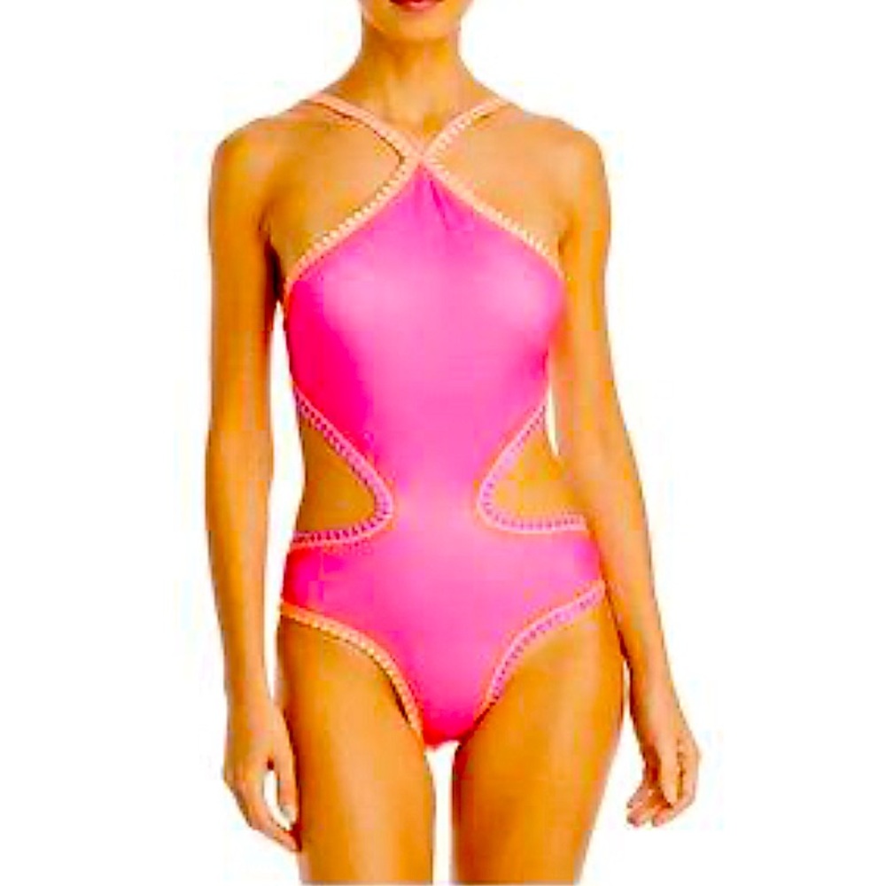 NWT Platinum Swimwear by Solange Ferrarini Swimwear Crochet Trim Halter Cutout M